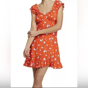 Free People Orange Floral Tie Back Milkmaid Mini Dress Boho Prairie XS
